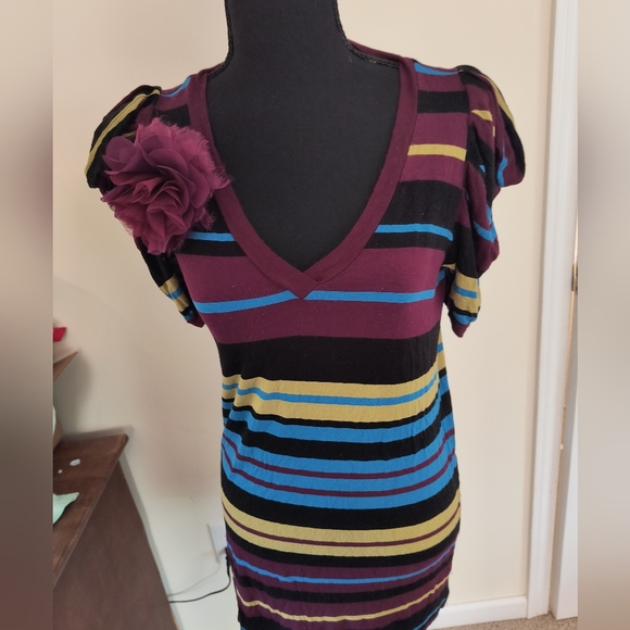 💎 3/$15 XXI Striped Bodycon Retro Dress w/Puff Sleeve & Flower Appliqué in Sz M - Picture 2 of 16